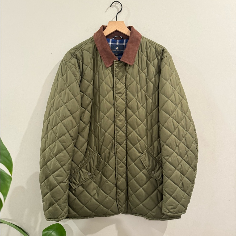 BROOKS BROTHERS GREEN QUILTED JACKET WITH BROWN COLLAR MENS SIZE L